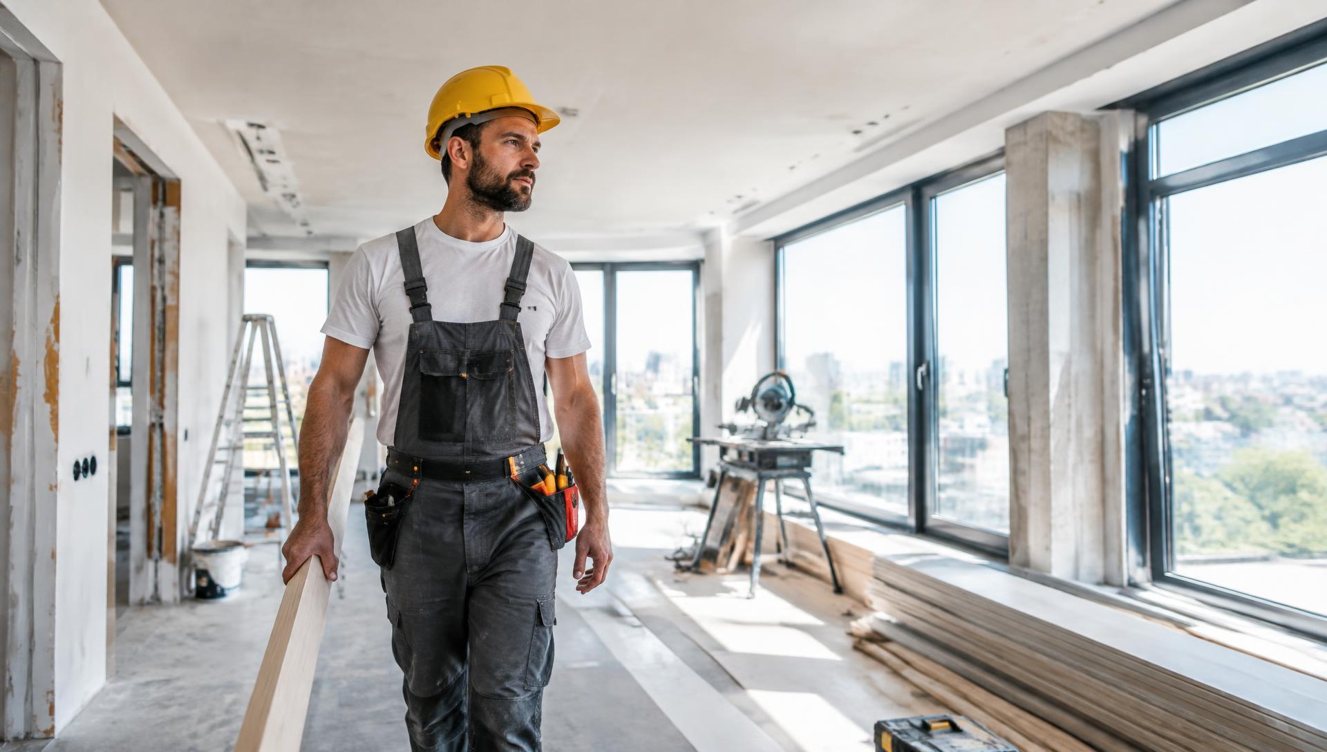 Handwerker mit Bauhelm bei Renovierungsarbeiten